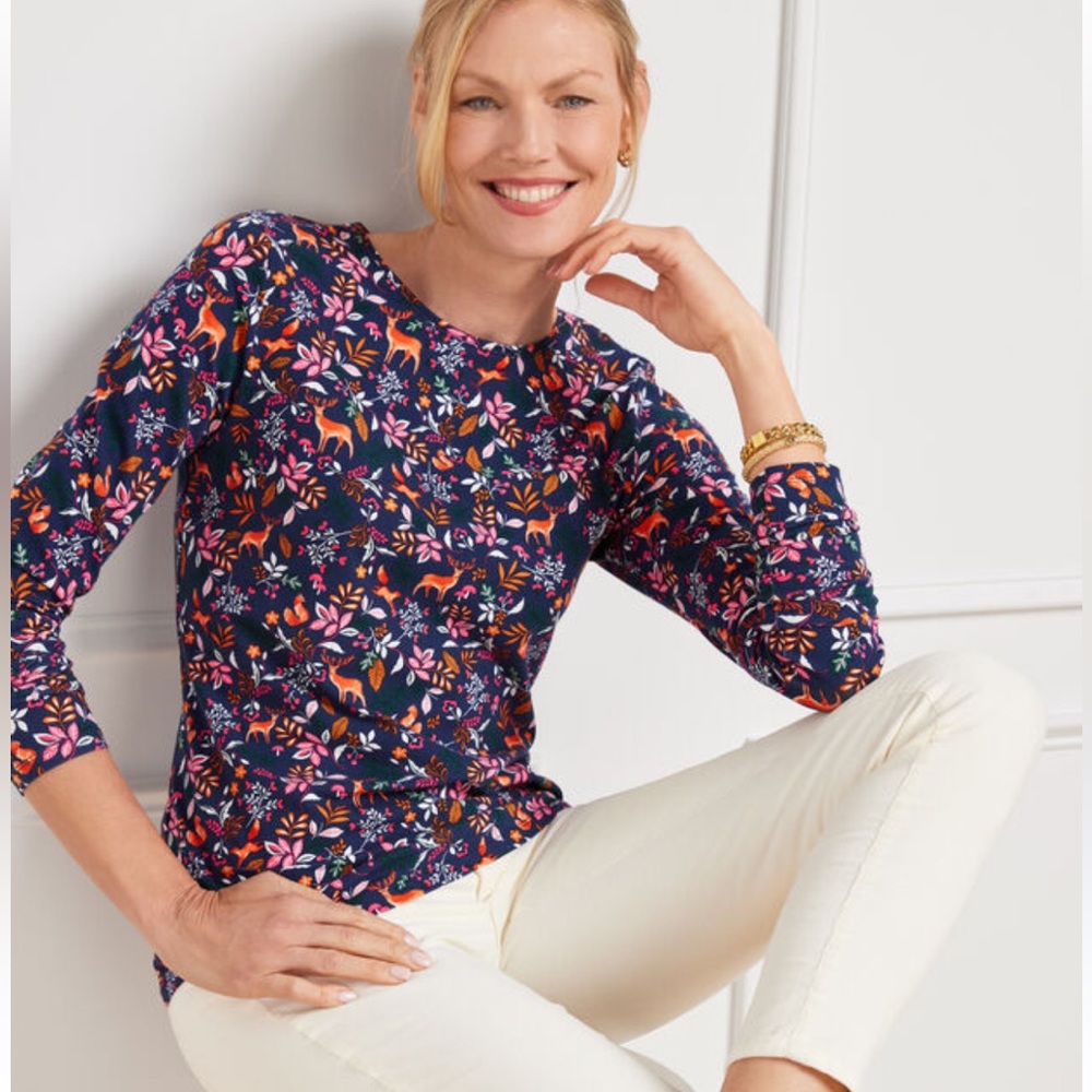 Talbots Crewneck Tee Woodland Ditsy Novelty Print Size 2X